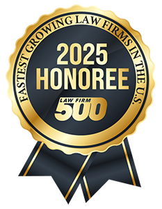 Gold and black badge with ribbon reading 2025 Honoree, Law Firm 500, Fastest Growing Law Firms in the U.S.—recognizing top Cinnaminson estate planning and business lawyers.